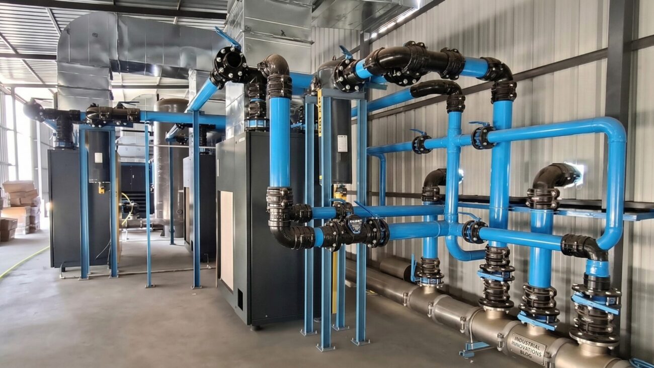 Advanced aluminum compressed air piping system with modern compressed air pipe fittings in an industrial plant