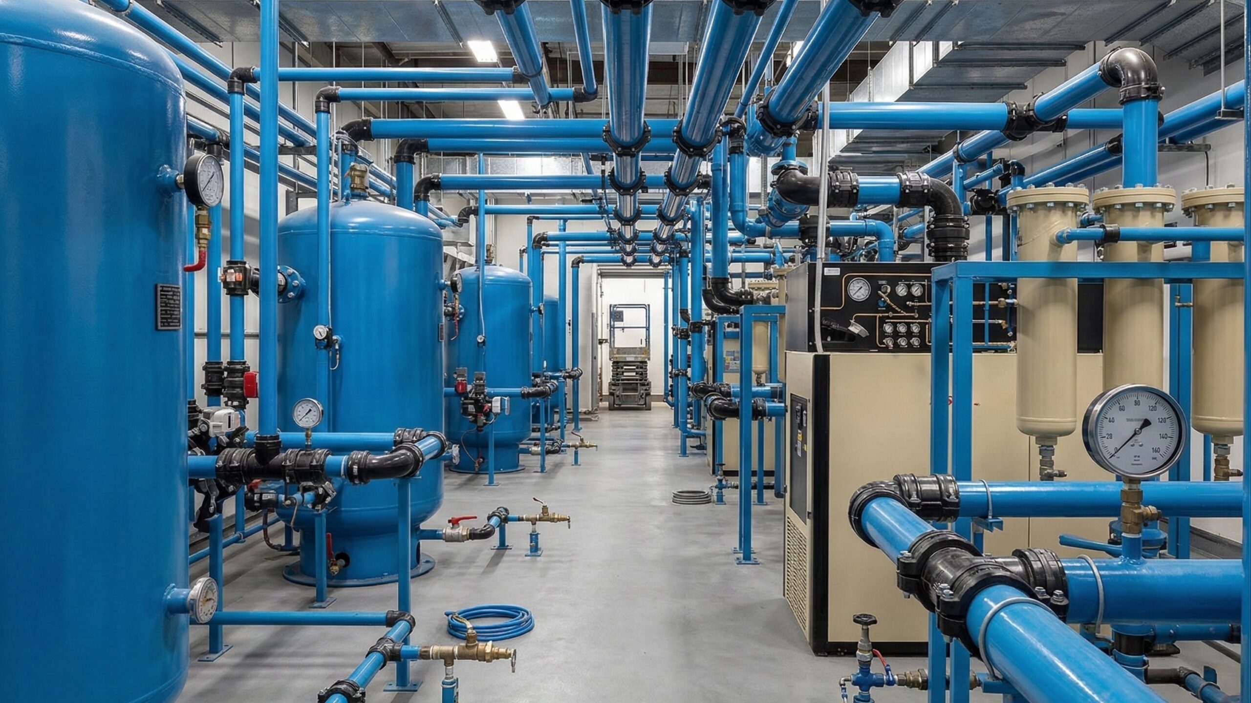 Modern industrial compressed air pipe and compressed air line installation in manufacturing plant